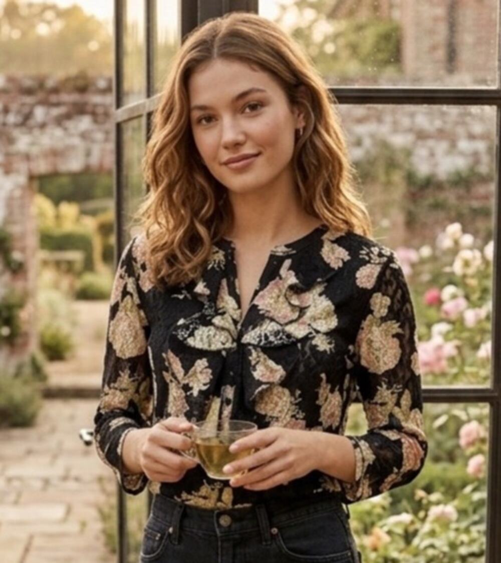 Ralph Lauren Lauren Jeans Co. Sheer Lace Ruffle Neck Blouse with Rose Print